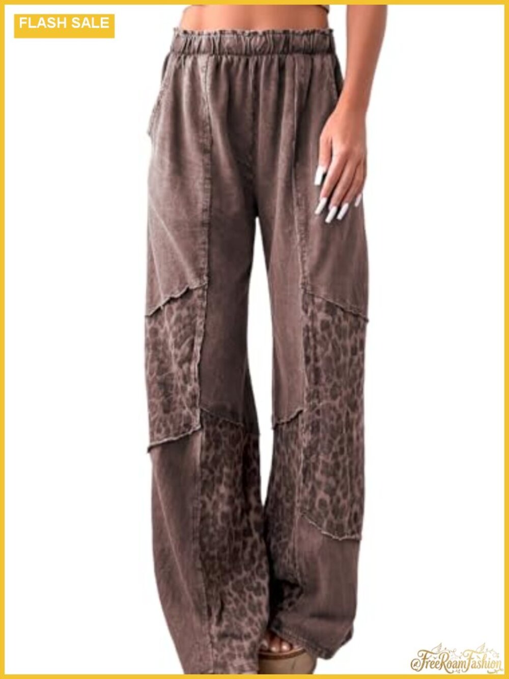 Women Wide Leg Leopard Pants Cotton Polyester Pockets Casual